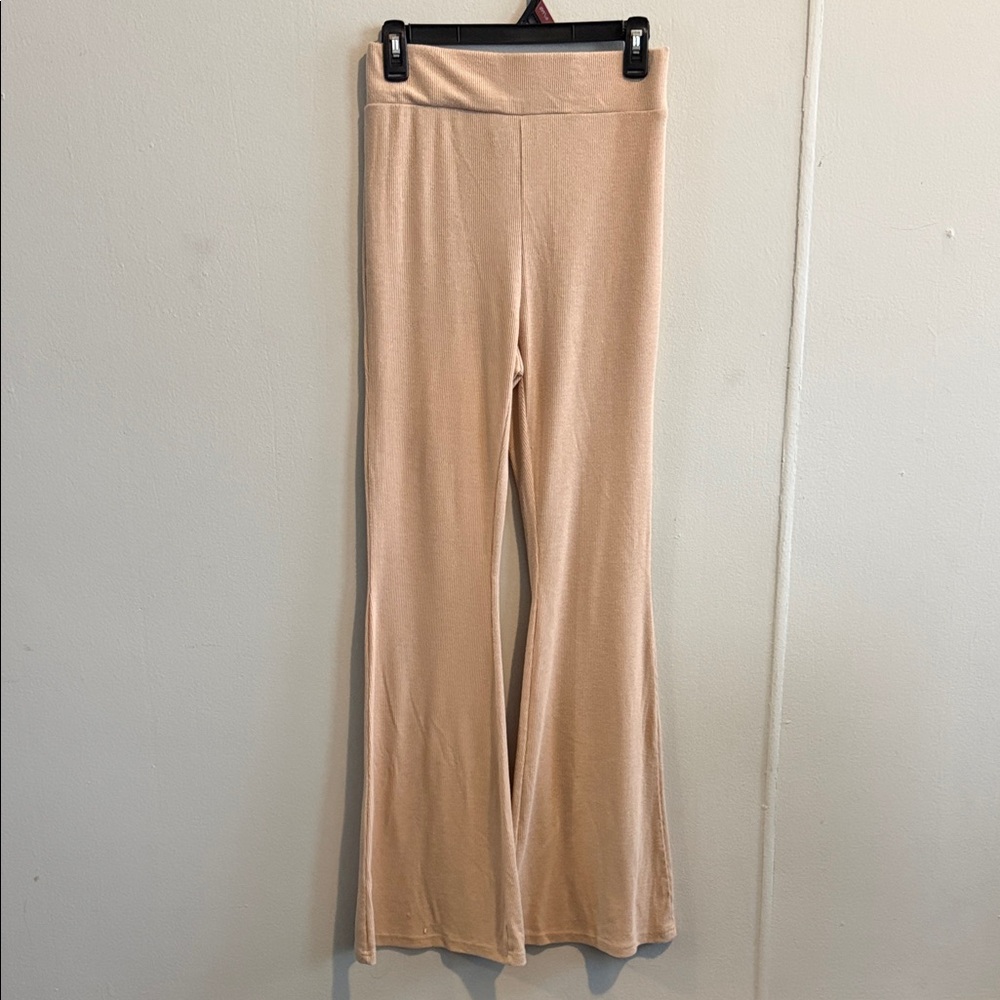 SHEIN Neutral Beige High-Waist Flared Knit Pants